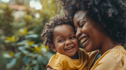 A heartwarming scene unfolds in a lush outdoor setting as a mother joyfully embraces her laughing toddler.