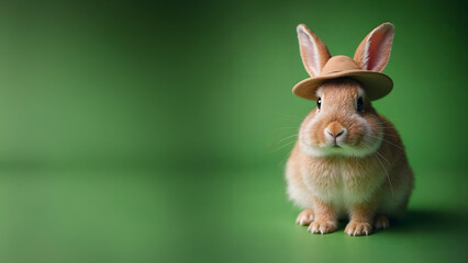 Obraz premium A bunny with a hat on a banner with space for text with a green background. can be used for easter