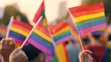 A lively crowd of diverse individuals waves rainbow flags during an LGBTQ pride celebration, illuminated by golden afternoon sunlight, embodying unity, love, and acceptance.