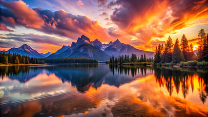 Fototapeta premium Majestic mountains are mirrored in a tranquil lake, with brilliant orange and purple skies, creating a mesmerizing reflection of nature's grandeur