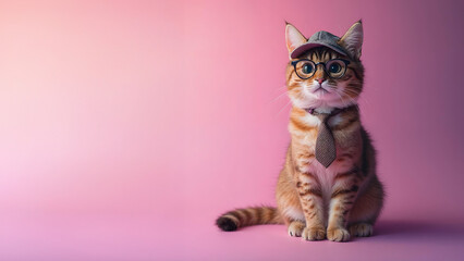 a cat with a hat, glasses and tie sitting in front of a coloured background with room for text