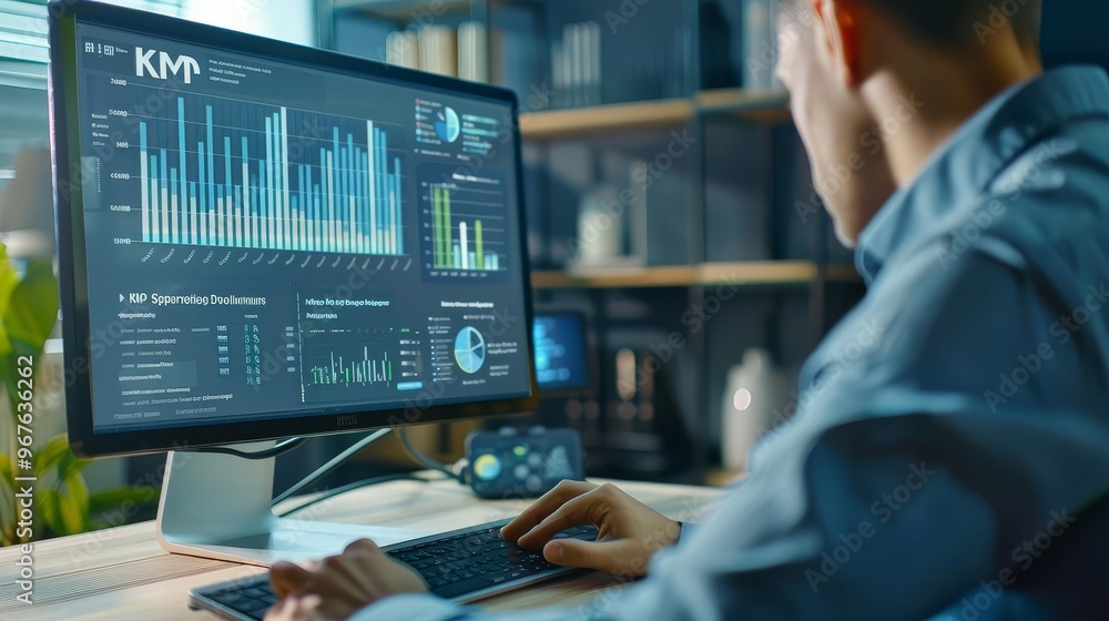 Poster a professional analyzes data in a modern office, focused on a sleek monitor displaying graphs and kp