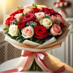 Bouquet of roses, beautifully decorated with a mix of red, white and pink roses. The bouquet is wrapped in beige gift paper