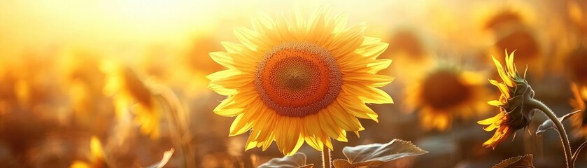 A sunflower field at sunset, with golden light illuminating the bright yellow petals