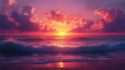 Fototapeta premium A sunset over the ocean, with the sky painted in shades of pink, orange, and purple, and waves gently lapping at the shore
