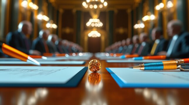 A meeting of world leaders signing a disarmament treaty with symbols of peace in the background
