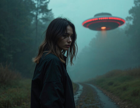 In a dark, fog-laden forest, an enigmatic person gazes away, while an extraterrestrial craft hovers ominously above, casting a red glow on the scene