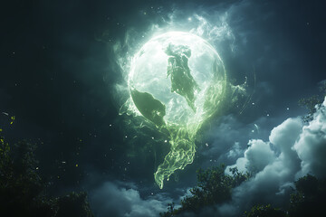 A ghostly and transparent planet Earth with an ethereal presence radiates a mystical glow