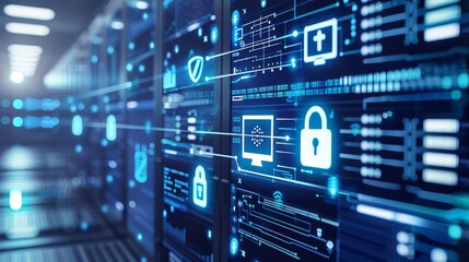 Fototapeta premium A visual of cybersecurity showcases glowing blue icons on a dark backdrop, symbolizing data protection elements like screens, shields, locks, and analytics.