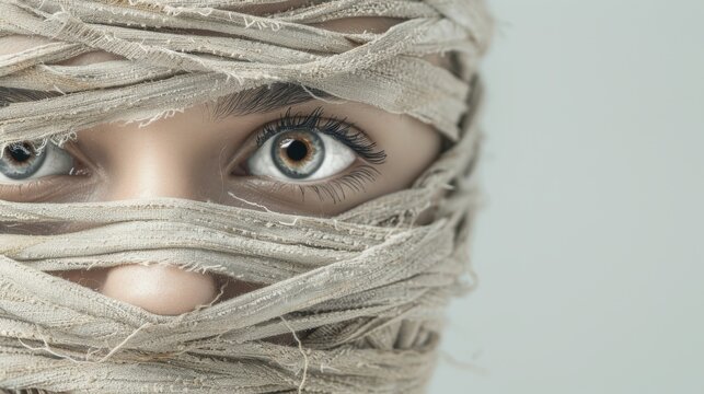 Close-up photo of a person's eyes wrapped in beige cloth, creating a mysterious and intriguing look with a focus on expressive eyes.