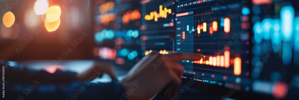 Poster close-up of a hand interacting with a computer screen displaying financial data and charts.
