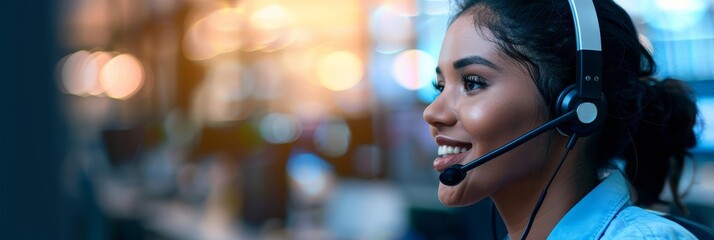 Smiling woman wearing headset, customer service agent, professional support