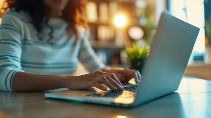 Closeup of woman's hands typing on a laptop computer.