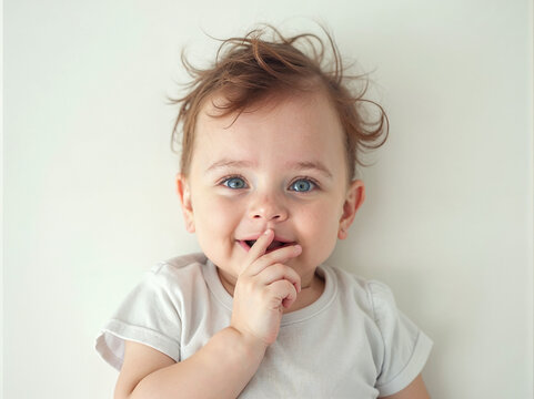 A cheerful little one captivates with bright blue eyes and tousled hair, playfully putting a finger to their lips in a moment of innocence and curiosity