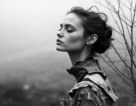 A woman stands in quiet contemplation, her profile framed by softly blurred natural elements. The muted landscape around her evokes a deep sense of tranquility and introspection