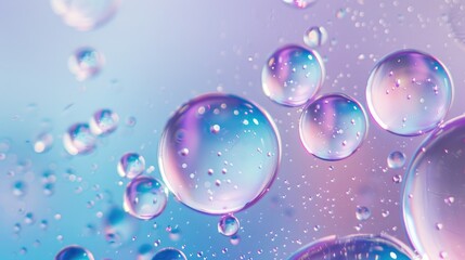 Obraz premium Macro photo of oil bubbles with blue-violet background for product advertisement. Vertical layout with copy space. Gradient set of images for banner.