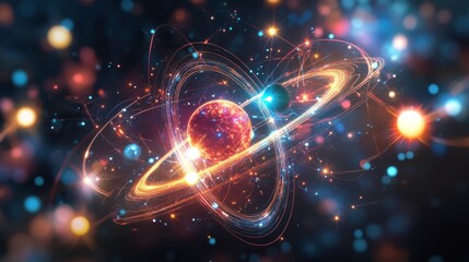 Obraz premium A stylized image of atomic orbits and particles, showcasing the abstract concept of atoms and their interactions in a creative manner.