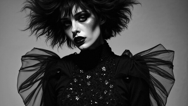 In a striking editorial, a model exudes a captivating darkness through bold makeup and intricately designed clothing, evoking a haunting atmosphere