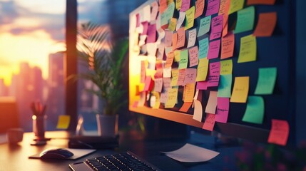 A collection of colorful sticky notes stuck to a computer monitor, each filled with reminders and tasks.
