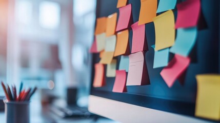 A collection of colorful sticky notes stuck to a computer monitor, each filled with reminders and tasks.