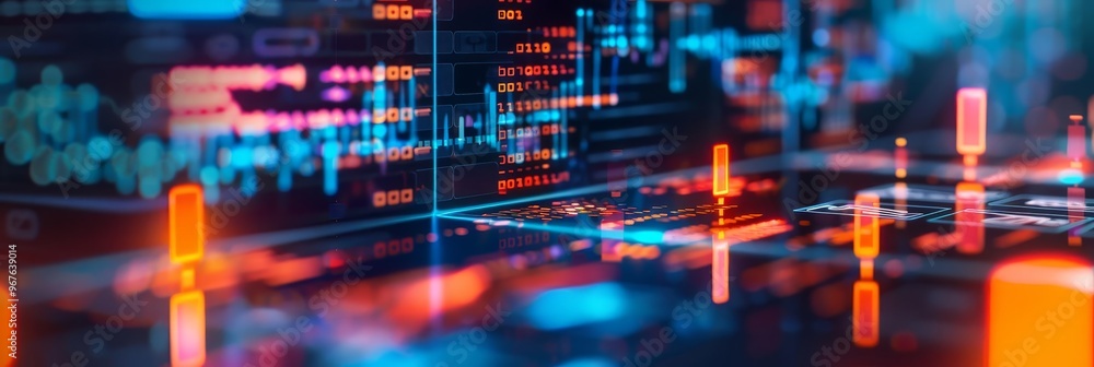 Poster abstract background with glowing lines and shapes, reminiscent of digital data and information.