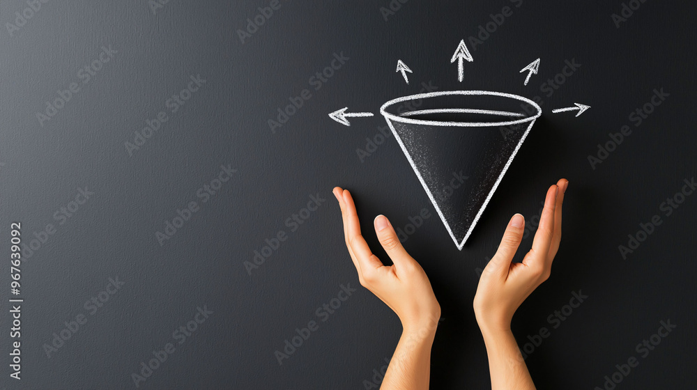 Poster hands are shown holding chalk drawn funnel on blackboard, symbolizing direction and focus. arrows in
