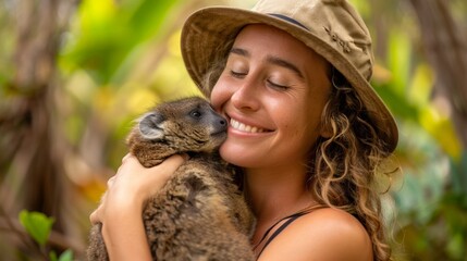 Adventurer holding an animal with a joyful expression, highlighting his love for the outdoors.