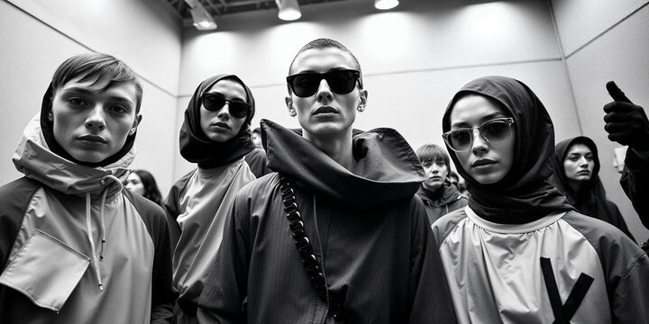 A dynamic group of models clad in innovative sportswear strikes a confident pose, enveloped in a stylish and modern backstage setting, exuding an aura of fashion-forward sophistication
