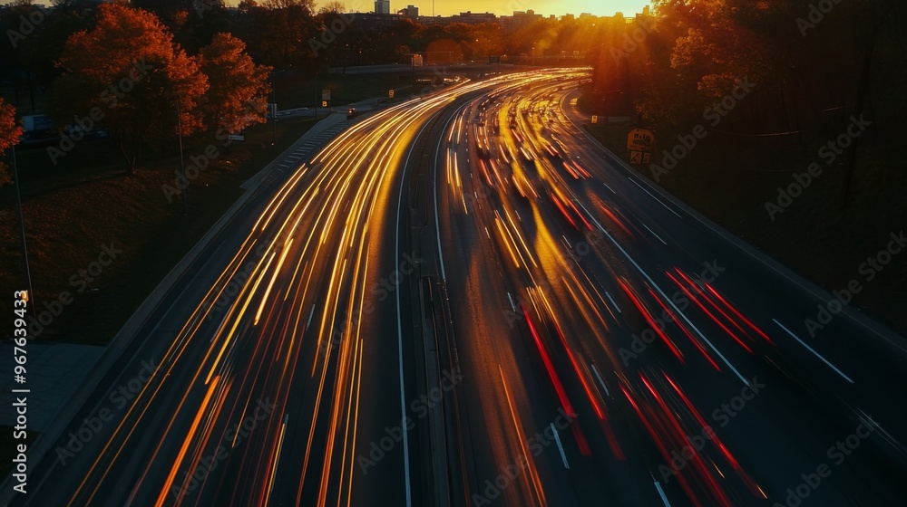 Poster a sunset shot of an expressway with dynamic light trails from moving cars, highlighting the speed an
