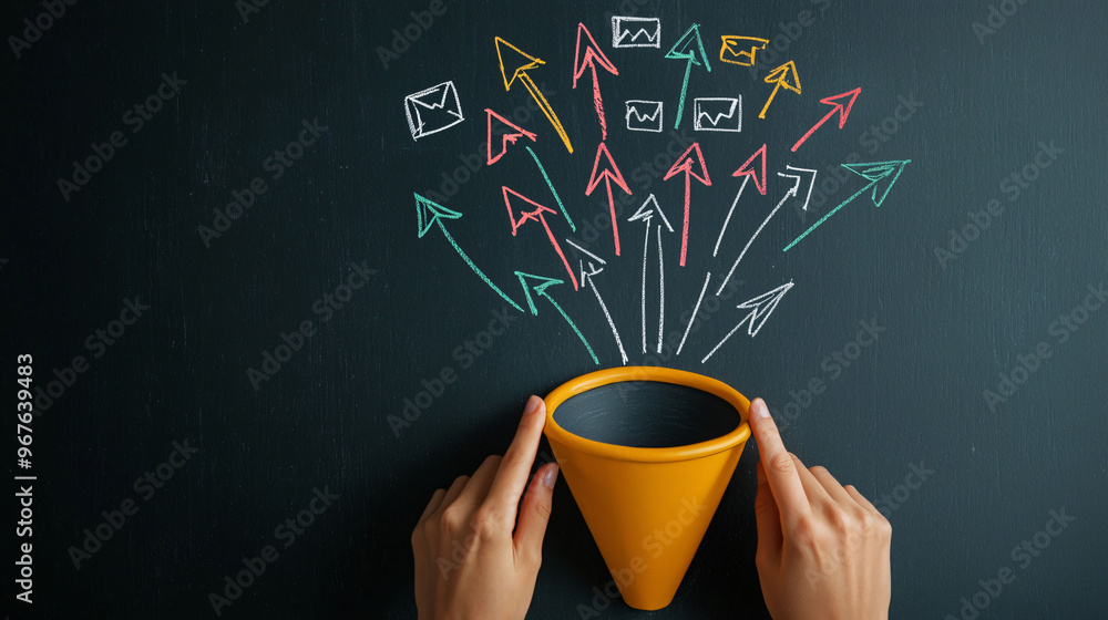 Poster hands framing funnel with arrows and information symbols, illustrating concept of data flow and comm