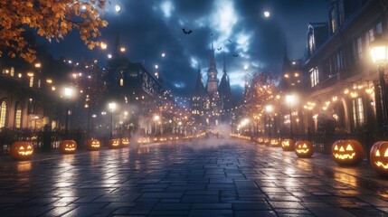 Obraz premium Dark Halloween night in an old town square glowing jack-o-lanterns lining the cobblestone streets