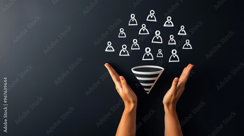 Aufkleber hands presenting funnel concept with data icons on chalkboard background, symbolizing flow of inform