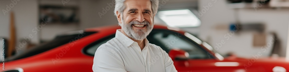 Poster a man is smiling and posing in front of a red car. concept of pride and accomplishment, as the man i