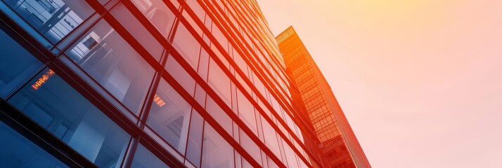 Low angle view of modern glass office building against a sunrise sky.