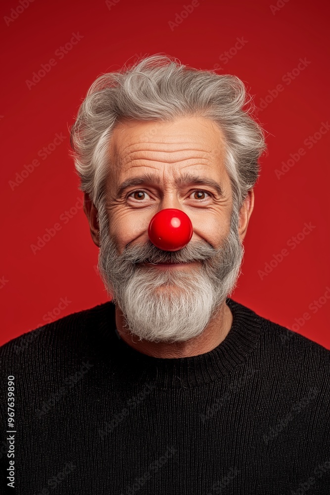 Wall mural A man with a red nose and beard is smiling. He is wearing a black sweater