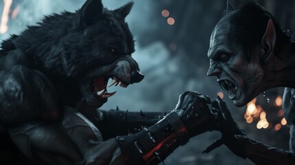 A fierce werewolf confronts a fearsome orc in a dramatic battle.  The image is filled with tension and anticipation, perfect for fantasy or horror projects.