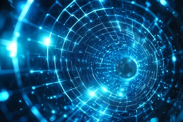 Obraz premium Illuminated blue digital tunnel with glowing particles and lines creating a futuristic feel.