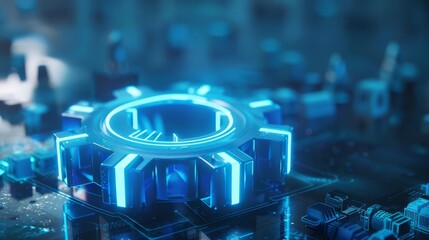 Obraz premium A single metallic gear on a futuristic circuit board, representing technology and innovation.