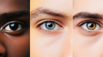 Fototapeta premium A collage of horizontal strips featuring close-ups of human eyes from men and women of different nationalities, set against a vibrant, multicolored background, expressing various e