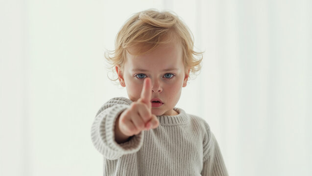 An expressive child, with bright blue eyes and tousled hair, stands inside, presenting a finger in a thoughtful gesture while surrounded by gentle natural light