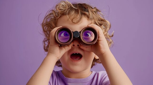 Studio image of a child using paper binoculars, reflecting a sense of wonder and exploration.