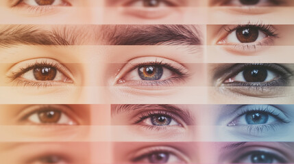 A vibrant, multicolored collage of eyes from diverse individuals, each strip representing different emotions and facial expressions across various nationalities and genders. photo