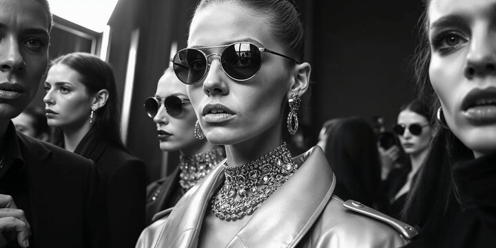 Models prepare backstage at a high fashion couture event, showcasing striking looks with accessories and stylish garments, embodying glamour and artistry