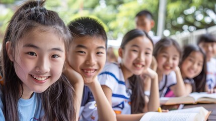 Fototapeta premium Smiling Asian school children sitting together at desk.