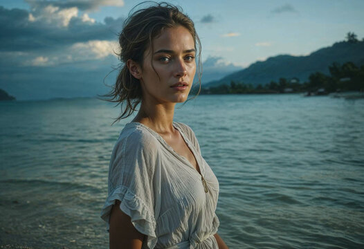 Standing at the water\'s edge, a woman gazes thoughtfully towards the horizon. The soft light of dusk illuminates her features as waves lap gently at her feet