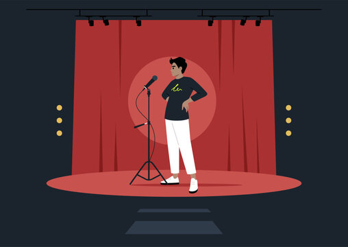 A confident performer stands poised on stage in front of a red curtain, ready to captivate the audience with their voice at a lively evening event