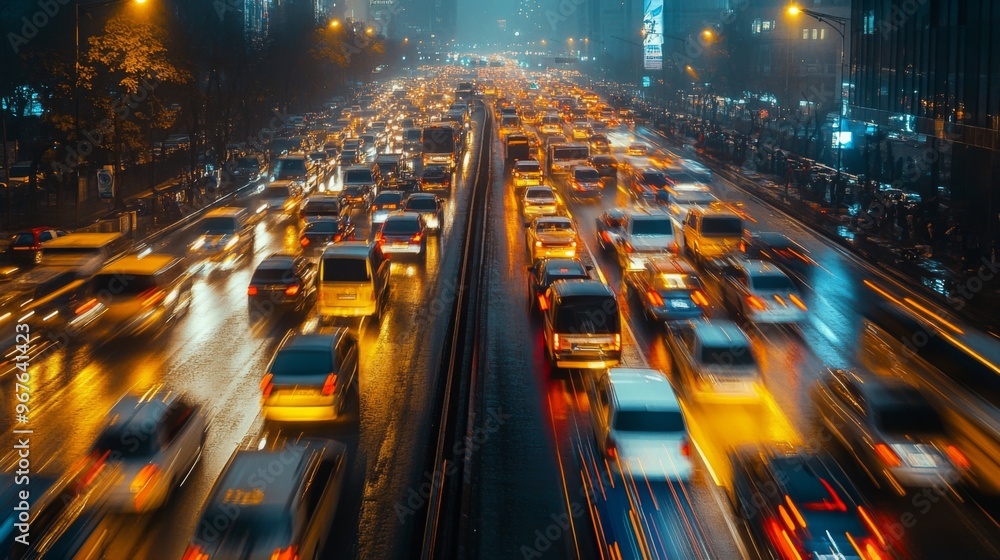 Aufkleber A time-lapse effect showing the flow of traffic in a congested area, with light trails and a sense of movement within the gridlock.