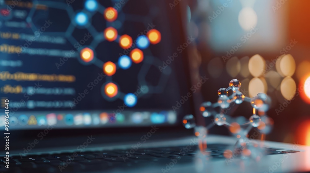 Aufkleber close up of a molecular model on a laptop keyboard with code on the screen, representing data scienc