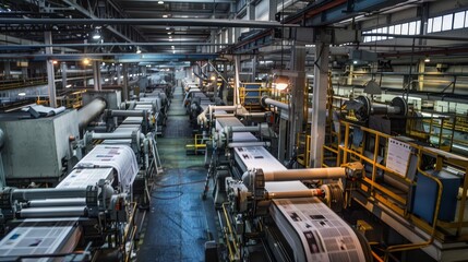 An industrial factory setting with a long line of machinery running on an assembly line.