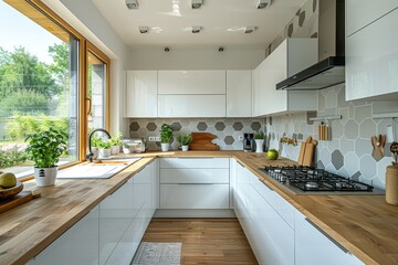 Fototapeta premium Modern kitchen with white cabinets, wooden countertop, grey hexagon tiles, white stovetop, light green accents, and natural lighting.